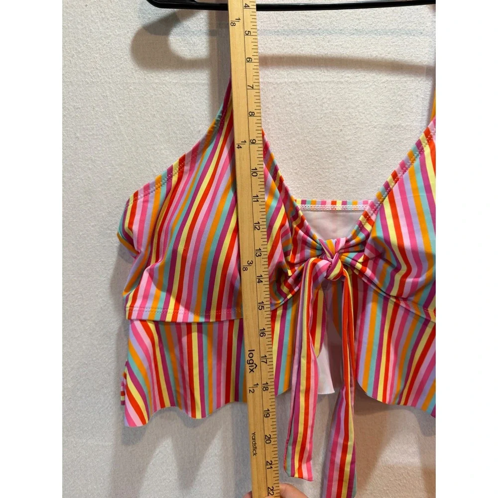 Multicolor Rainbow Striped Tie Front Peplum Bikini Top Plus Size 4XL